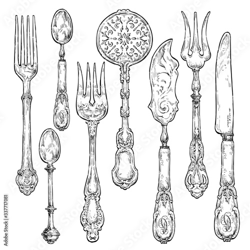 Hand drawn vintage silverware cutlery. Fork, knife and spoon ornate. Set 2