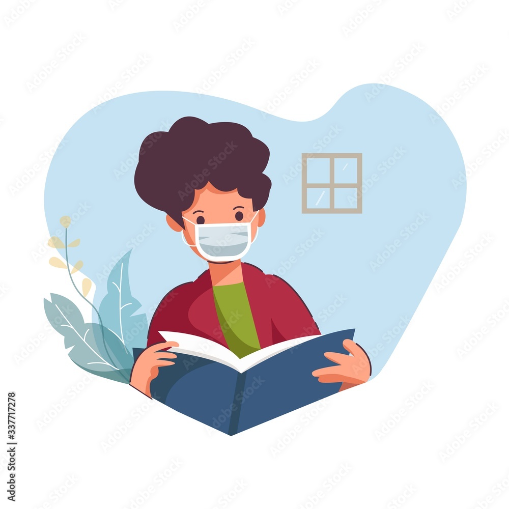 Flat style vector illustration. Study at home against a virus pandemic, boys wear masks. for website landing page, poster, pamphlet or any design Flat style vector illustration. Study at home against a virus pandemic, boys wear masks. for website landing page, poster, pamphlet or any design