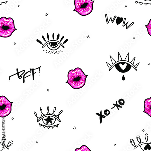 Abstract seamless fashion pattern with eyes and lips. Beauty wrapping paper.