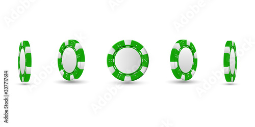 Poker chips in different position. Green chips isolated on light background. Vector illustration