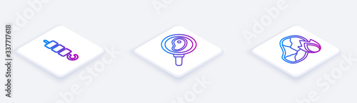 Set Isometric line Grilled shish kebab on skewer stick, Steak meat in frying pan and Grilled steak meat and fire flame. White square button. Vector