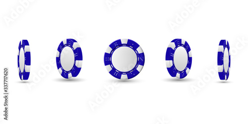 Poker chips in different position. Blue chips isolated on light background. Vector illustration