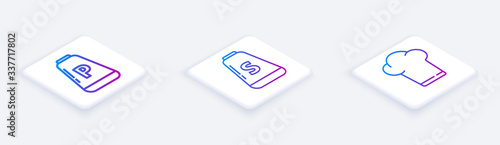 Set Isometric line Pepper, Salt and Chef hat. White square button. Vector