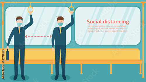 people in suit wear mask and face shield stand in electric train , social distancing. Illustration about protection covid-19 and corona virus.