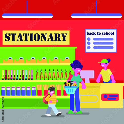 back to school shopping school supplies ,mom and son  shopping in stationery store flat vector ,cartoon character design,vector illustration 