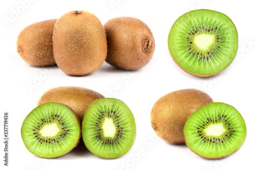 Collection of whole and cut kiwi fruit isolated on white background