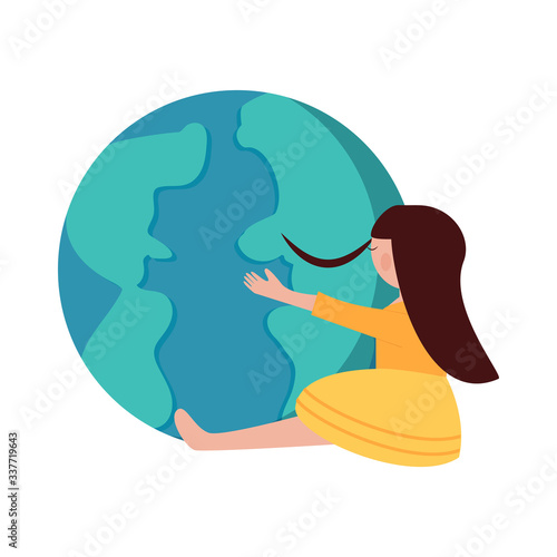Earth day vector illustration isolated on white background. Girl hugs the planet. Caring and preserving the planet. Flat style. For posters and flyers. © Katerina