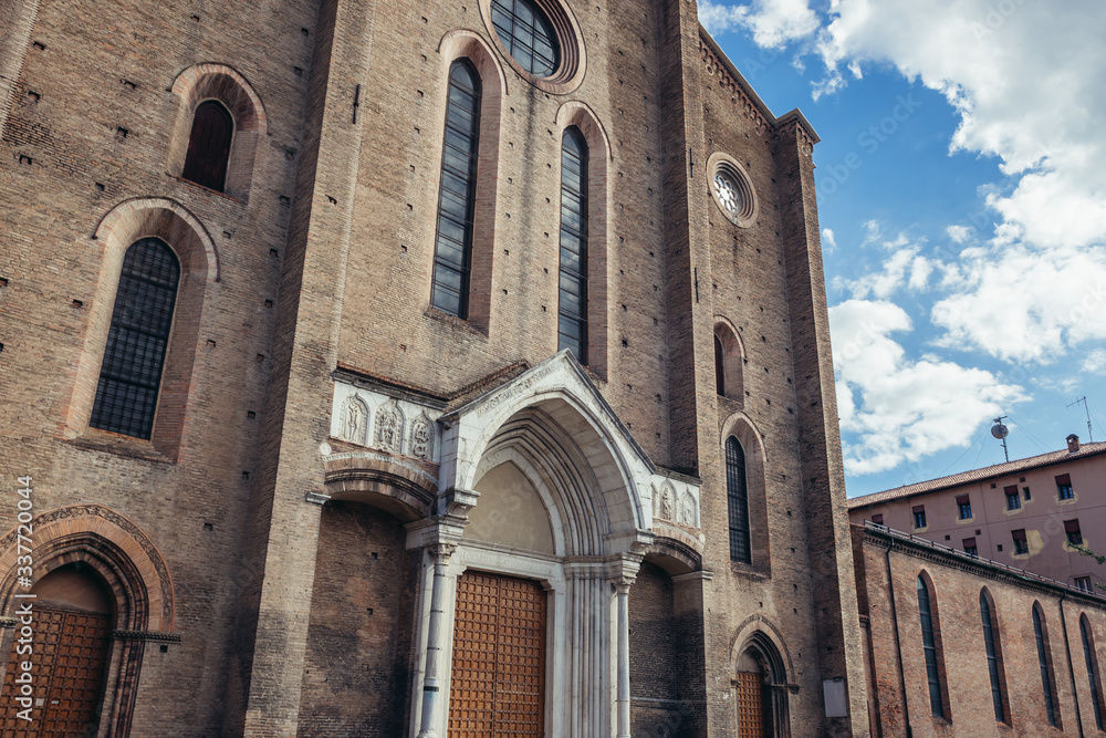 Exterior view of front facade of Saint Francis Basilica in historic part of Bologna city, Italy