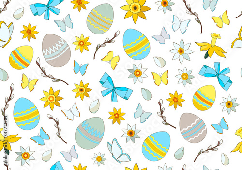 Happy Easter. Festive hand drawn vector seamless pattern in blue, yellow colors. Endless texture with flowers, pussy willow branches, decorated painted Easter eggs, butterfly, bows. Print. Wallpaper