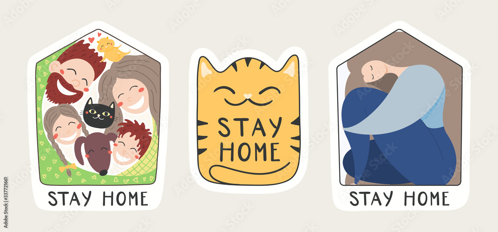 Coronavirus epidemic quarantine concept. Cute cartoon happy family, woman, cat, with quote Stay home. Hand drawn vector illustration. Isolated stickers set. Flat style design. Covid-19 prevention.