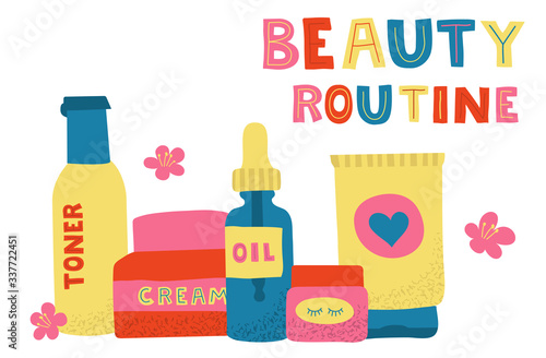 Home beauty routine essensials set. Vector hand drawn illustration and lettering. Cream, face oil, toner, serum, eye gel. Skin care products for SPA, beauty concept.