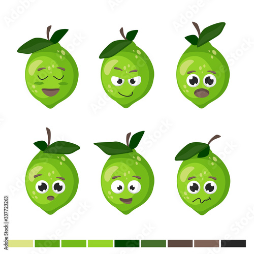 Cute sour green limes. Emotions, cartoon face, juicy citrus, delicious. Great for postcards, stickers, fabric and textile. White isolated background. Vector illustration.