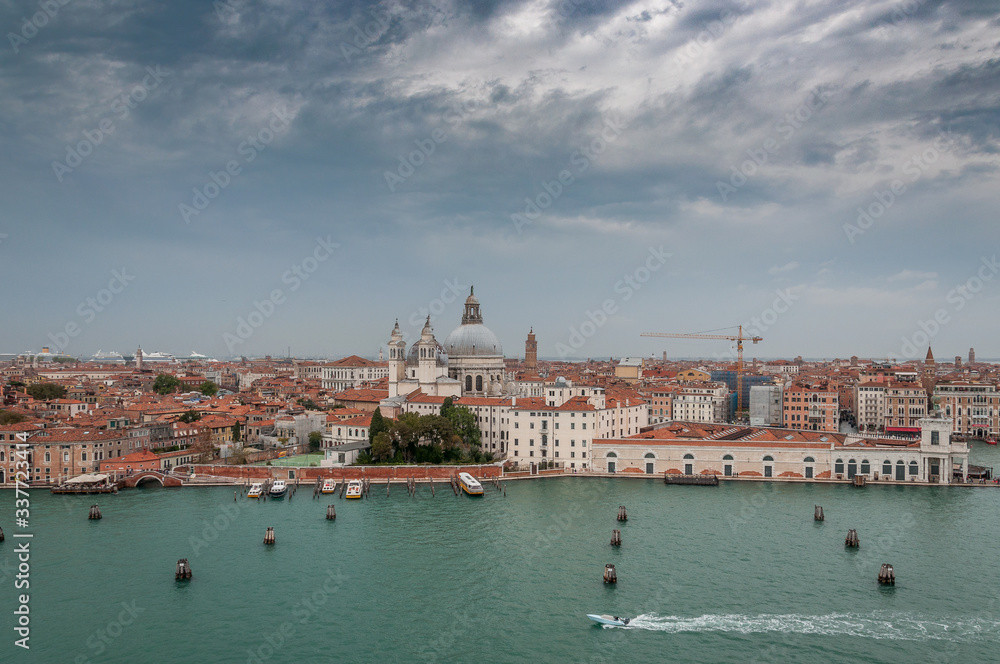Aerial view of Punta della Dogana and Salute church, Venice, Italy. Concept: historic Italian places, evocative and little-known views of Venice