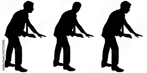 Vector illustration of a silhouette of a man in a suit. Man leans on a table. Set of three positions: man holding onto a table and looking straight ahead, sideways. Black shadow on a white background.