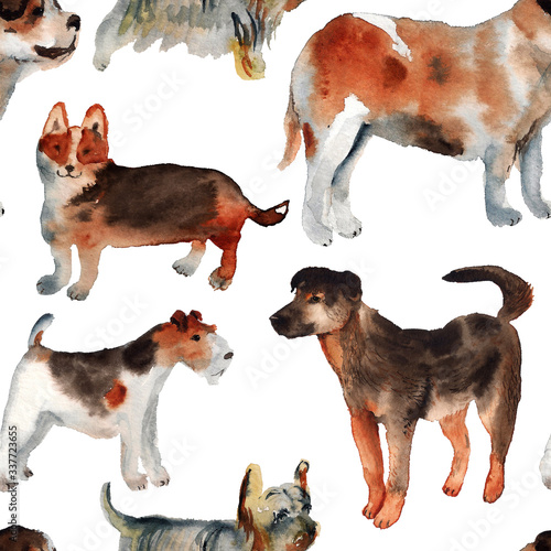 Watercolor seamless pattern with dogs