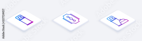 Set Isometric line Shaving gel foam, Blade razor and Shaving gel foam. White square button. Vector