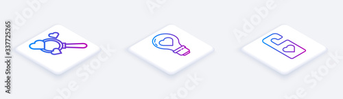 Set Isometric line Search heart and love, Heart shape in a light bulb and Please do not disturb with heart. White square button. Vector