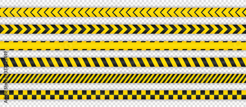 Black and yellow seamless warning stripe line pack. Stop, Police, Warning, Danger, Quarantine, Under Construction, Do not cross concept. Realistic crime isolation border tapes with shadows. Vector © boxerx