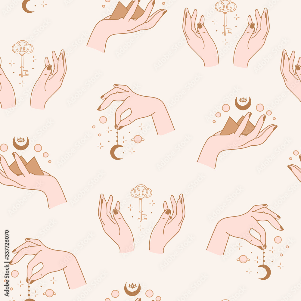 Elegant female hands. Moon, key, stars. Abstract free hand drawn Vector illustrations. Trendy minimalistic style. Witchcraft, Boho, Fashion, esoteric concept. Seamless pattern. Background, wallpaper Elegant female hands. Moon, key, stars. Abstract free hand drawn Vector illustrations. Trendy minimalistic style. Witchcraft, Boho, Fashion, esoteric concept. Seamless pattern. Background, wallpaper