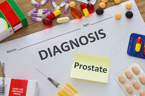 Prostate -Diagnosis printed on white paper with medication, injection, syringe and pills