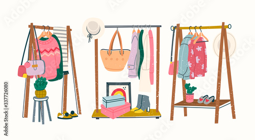 Wardrobe. Showroom concept. Set of three Clothing racks. Various clothes on hangers. Boots, coat, shoe boxes, bags, hats, jackets, sweaters. Hand drawn trendy colored Vector illustration