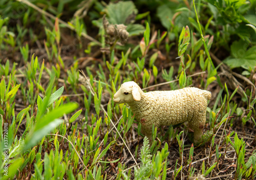 Plastic toy sheep in the grass.