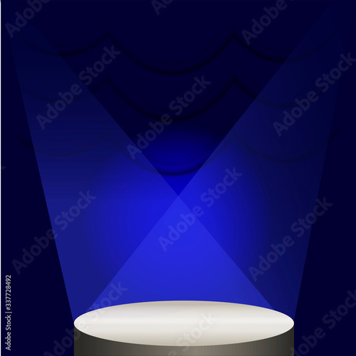 A round stage with a dark blue background illuminated by spotlights from above. Vector illustration.