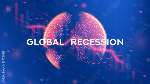 Global recession banner template. Background concept with falling stock charts and financial diagrams. Vector illustration with 3d world globe on blue background.