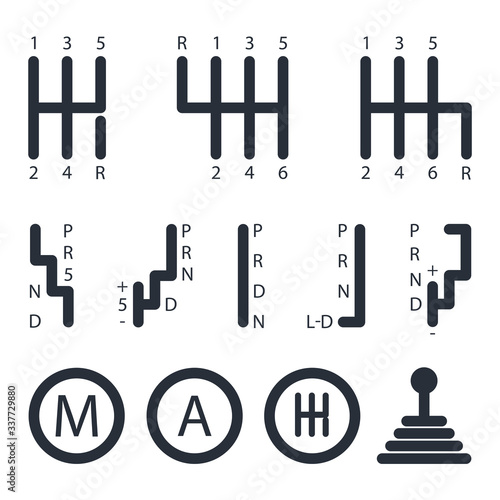 Gearbox. Icons for various types of gearboxes. Automatic, manual and robotic transmissions. Vector illustration in a simple style, isolated on a white background for design and web.