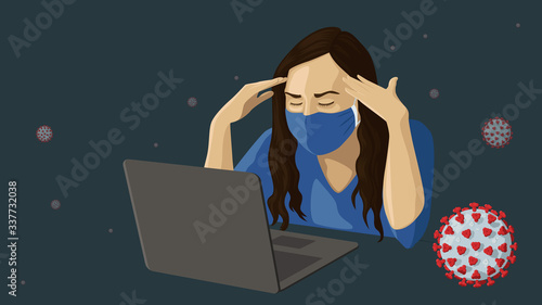 Detailed flat vector illustration of a woman with a face mask working in front of a laptop amidst the COVID-19 outbreak. Feel free to use only parts of the illustration too.