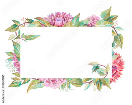 Banner decorated in a circle with flowers  handmade watercolor