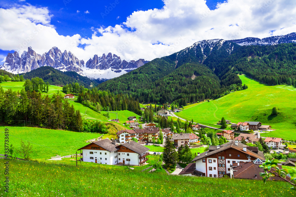 Mountain village in beautiful Dolomite Alps. Northern Italy, Trentino region