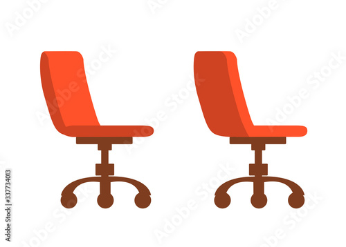 Two computer red chairs with wheels. Vector isolated flat illustration.