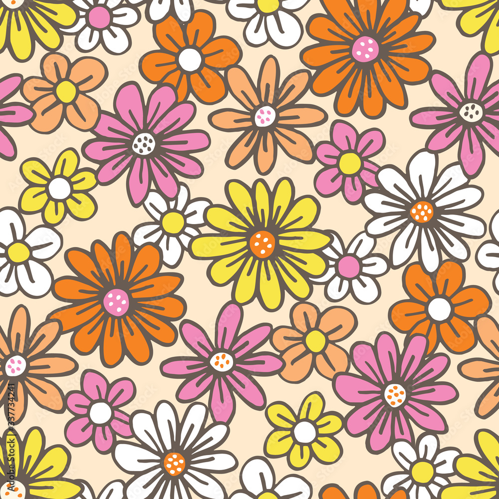 Retro Palette Hand Drawn Felt Tip Pen Daisies on Cream Background Floral Vector Seamless Pattern. Orange Pink Yellow Flowers Design. Bold Large Vintage Blooms Fashion, Textile Trendy Print