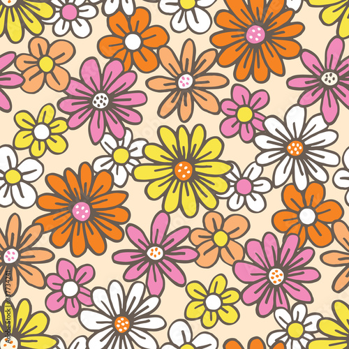 Retro Palette Hand Drawn Felt Tip Pen Daisies on Cream Background Floral Vector Seamless Pattern. Orange Pink Yellow Flowers Design. Bold Large Vintage Blooms Fashion  Textile Trendy Print