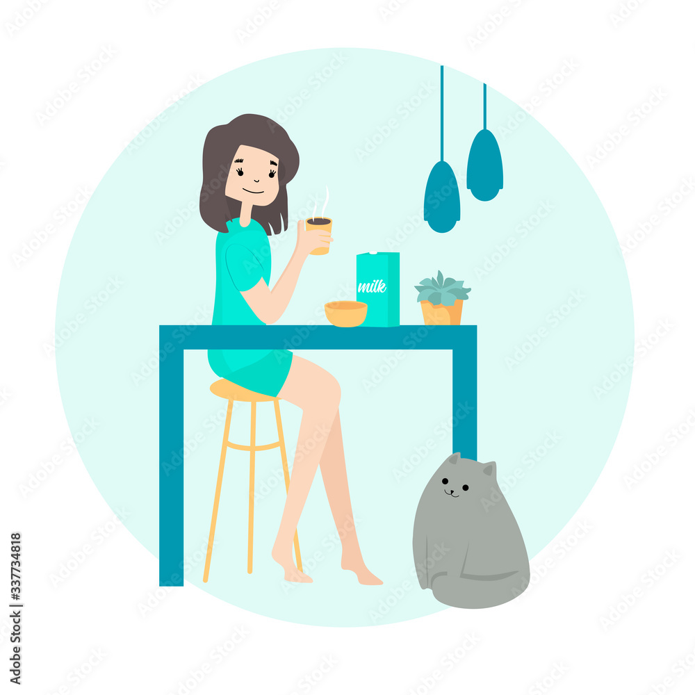 Girl sitting at home having breakfast or lunch. Drinking coffee. Morning Routine Activities. Life with cat. Vector character illustration in blue and yellow colors Girl sitting at home having breakfast or lunch. Drinking coffee. Morning Routine Activities. Life with cat. Vector character illustration in blue and yellow colors