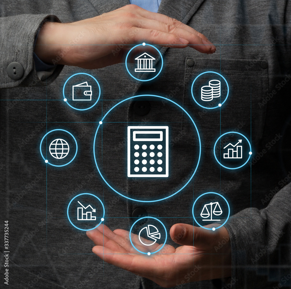 Collage with mans hands holding economy symbols Stock Photo | Adobe Stock
