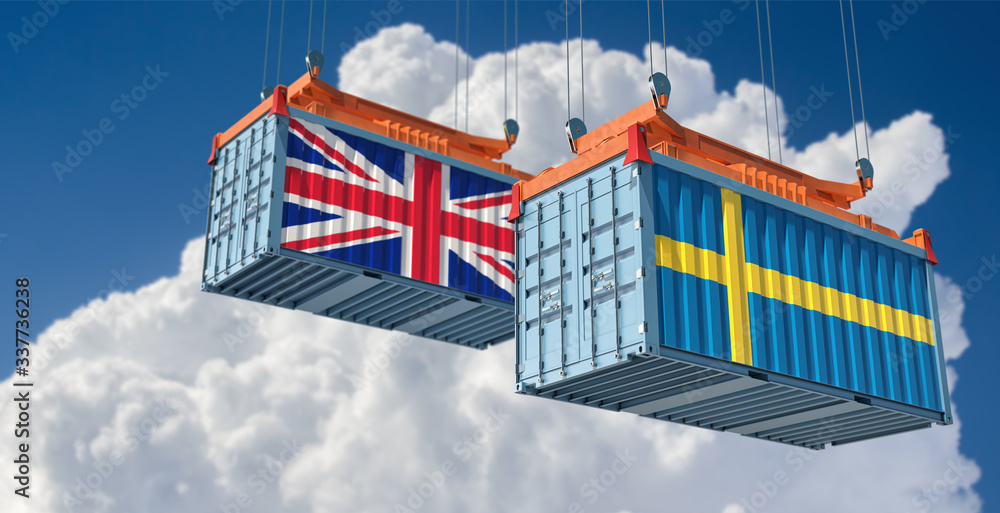 Shipping containers with United Kingdom and Sweden flag. 3D Rendering 