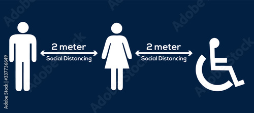 icon of man and woman standing with distance for avoid virus. concept of social distancing and isolation