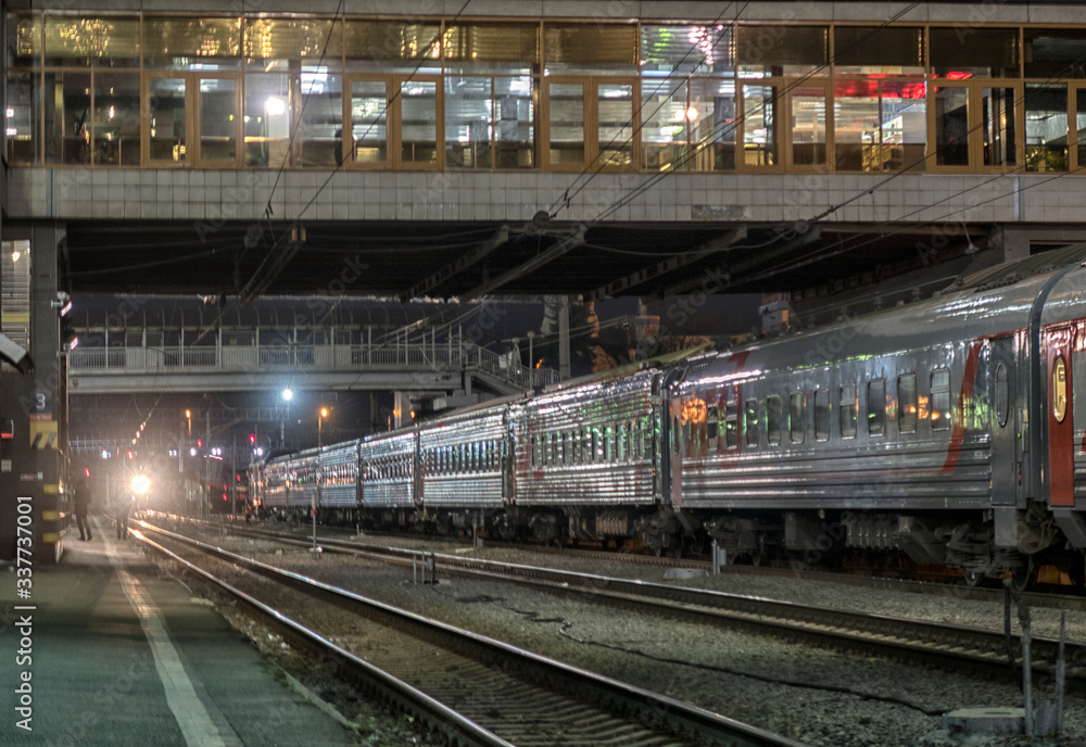 Passenger train on the railway. Railway transport. Passenger train on the railway. Railway transport.