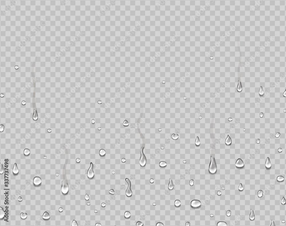 Realistic water droplets on glass. Rain drops condensed on window. Dew falls, steam shower background.