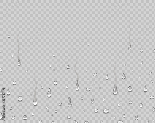Realistic water droplets on glass. Rain drops condensed on window. Dew falls, steam shower background. photo