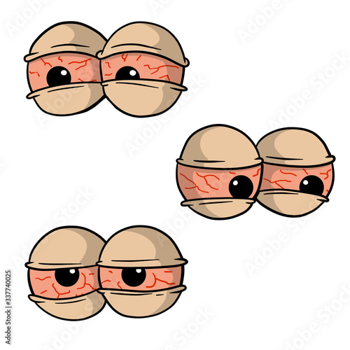Set of Red hand-drawn eyes. The problem of insomnia. Sleep disorder with capillaries and pupils. Comic drawing. Fatigue and stress.