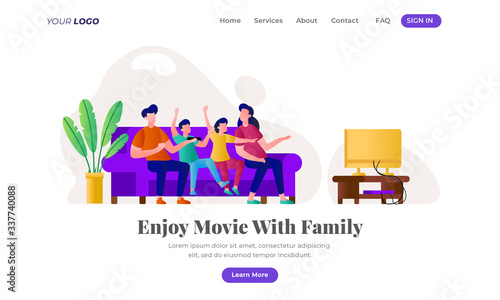 Happy Family Watching Television - Landing Page. Flat Modern design of website template