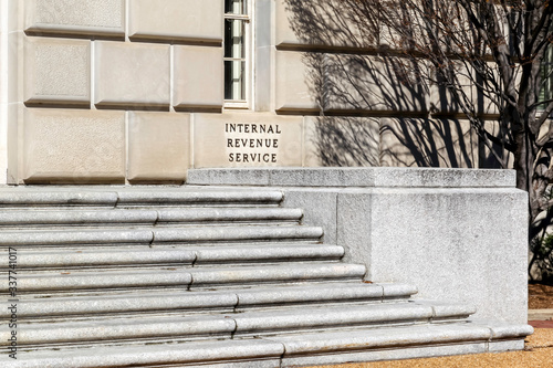 Washington D.C., USA - March 1, 2020: Sign of United States Internal Revenue Service (IRS) on their headquarters building in Washington, D.C. USA.
