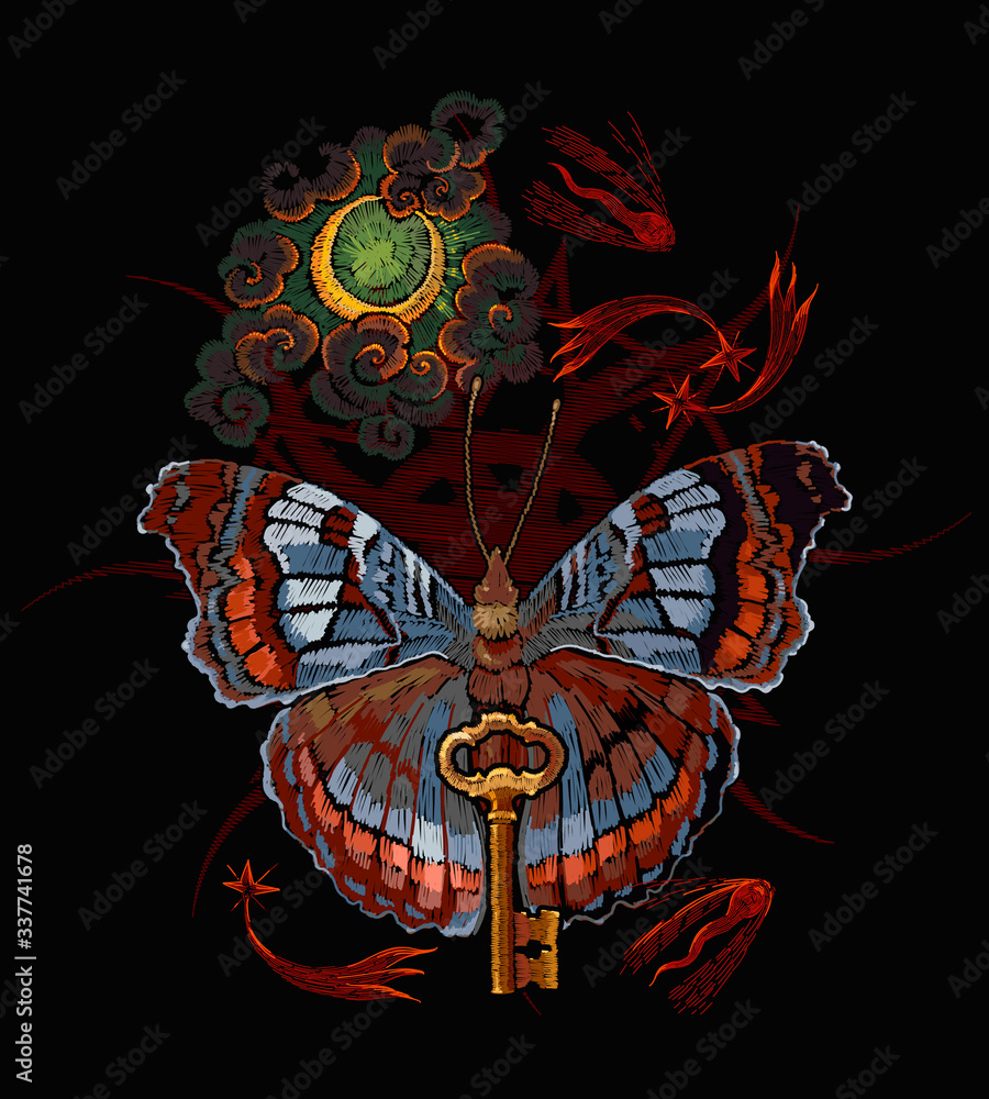 Esoteric butterfly, magic moon and golden keys. Dark gothic template for clothes, textile, t-shirt design. Occult art. Alchemy concept