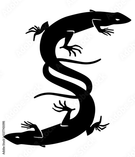 Silhouette of a lizard  as letter "S". Tattoo, logo, sign, vector illustration