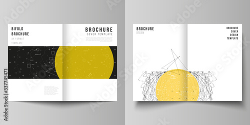 Vector layout of two A4 format modern cover mockups design templates for bifold brochure, flyer, booklet. Science or technology 3d background with dynamic particles. Chemistry and science concept.