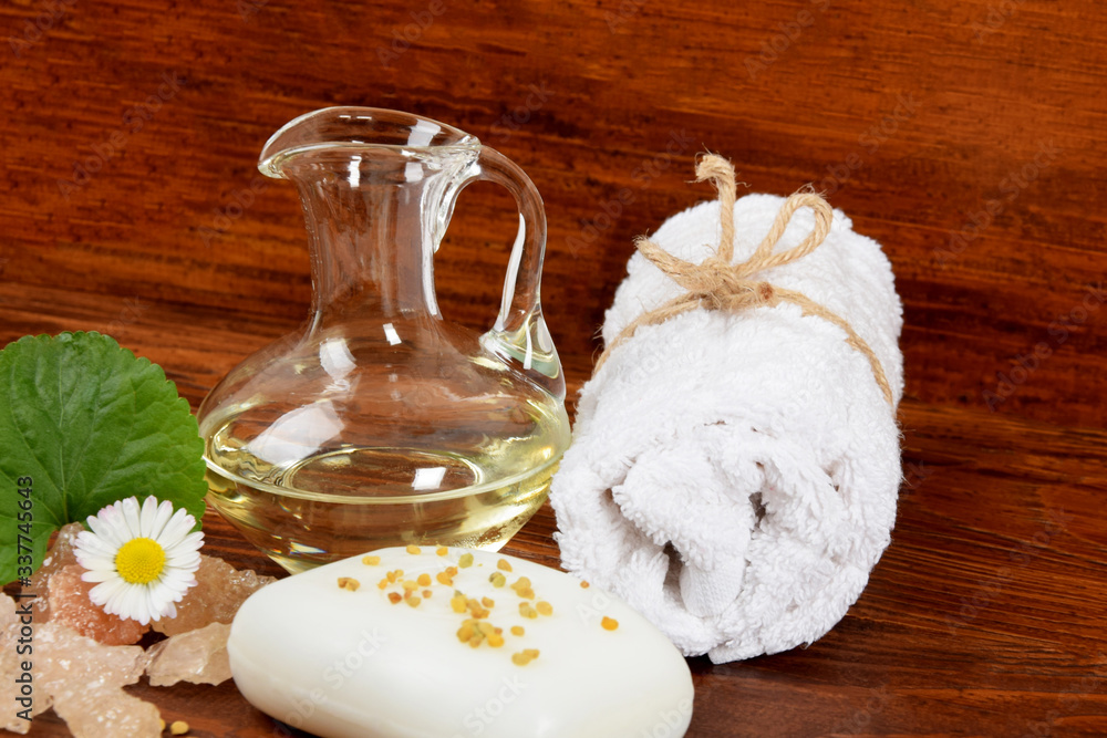body oil, bath salt and white soap with pollen for personal hygiene body oil, bath salt and white soap with pollen for personal hygiene
