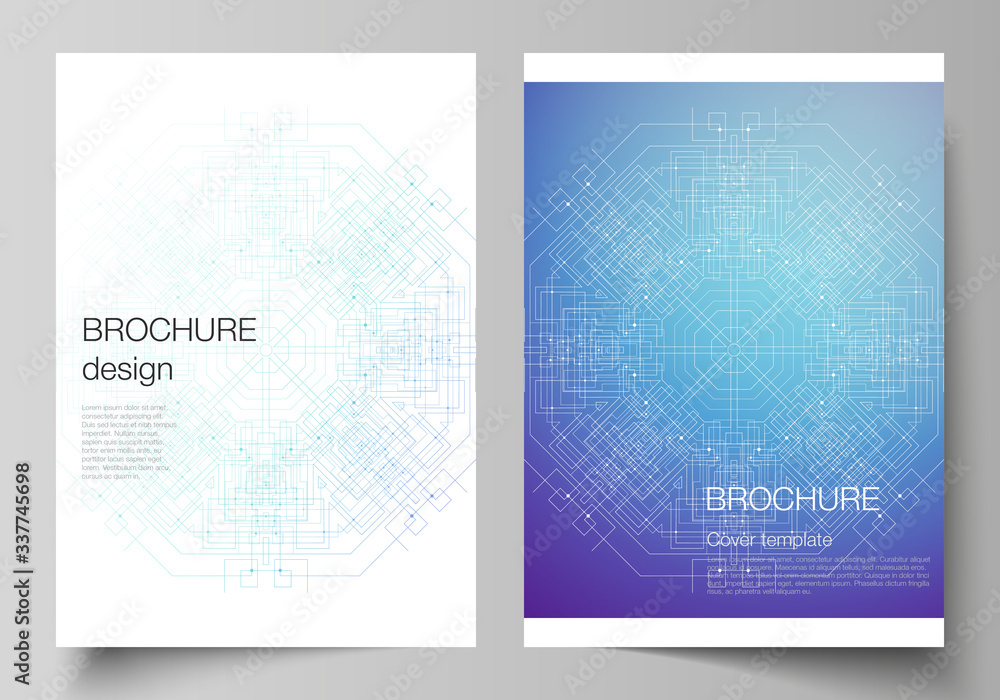Vector layout of A4 format modern cover mockup design templates for brochure, magazine, flyer, booklet, report. Big Data Visualization, geometric communication background with connected lines and dots